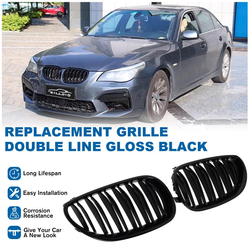 BILLDIO E60 Grille - Front Kidney Grille Double Slats Glossy Black Compatible with 2003-2009 BMW 5 series 520i 523i 525i 528i 530i 535i 550i BMW E60 Black Kidney Grille - Image 2